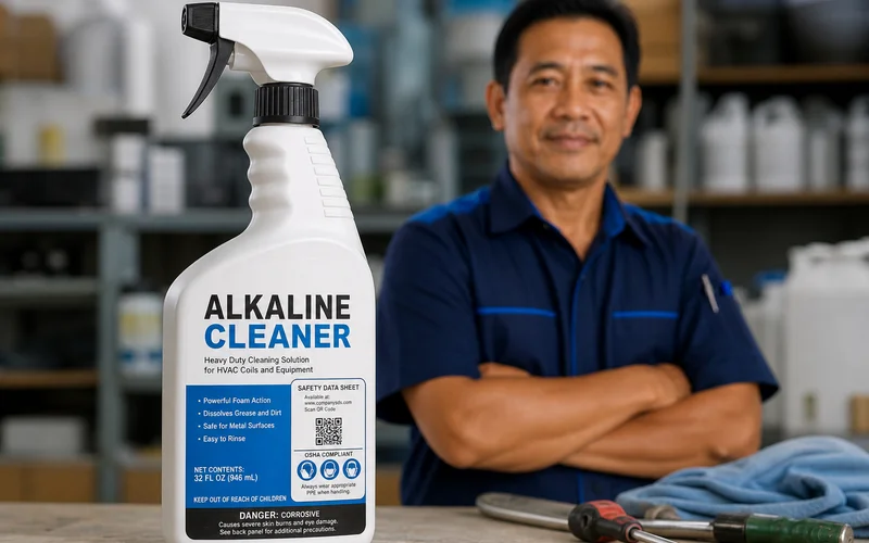 Pencuci alkali komersial HVAC dengan label keselamatan