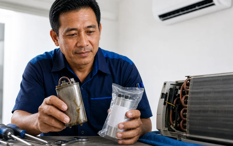 Kapasitor aircond rosak yang kembung berbanding kapasitor baharu