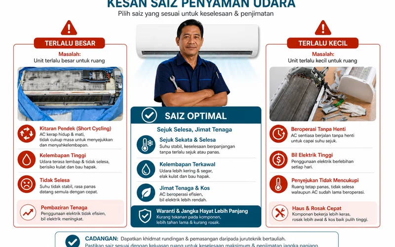 Diagram kesan oversize vs undersize aircond