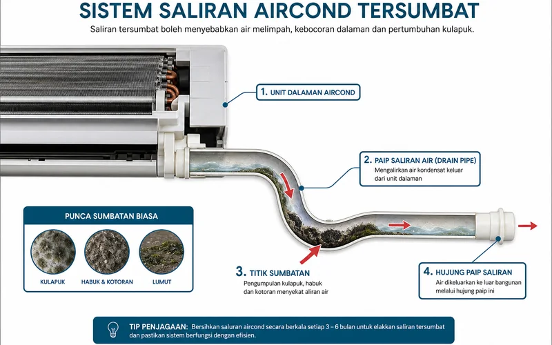 Diagram paip saliran aircond tersumbat lumut