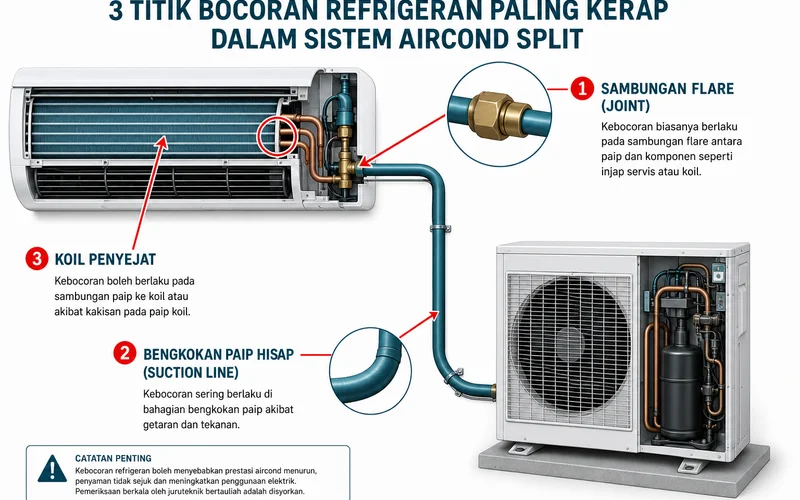 Diagram titik kebocoran biasa dalam sistem aircond
