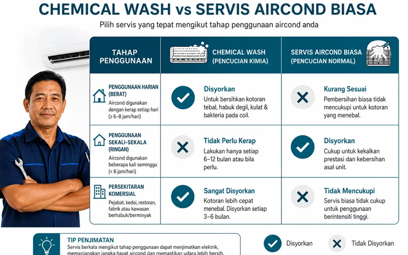 Jadual perbandingan chemical wash vs servis biasa