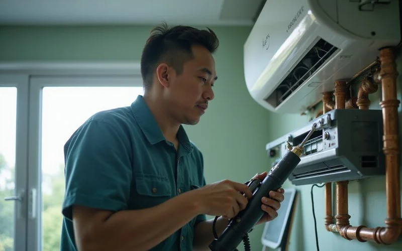 Juruteknik CKS Aircond menjalankan pemeriksaan rutin di rumah teres