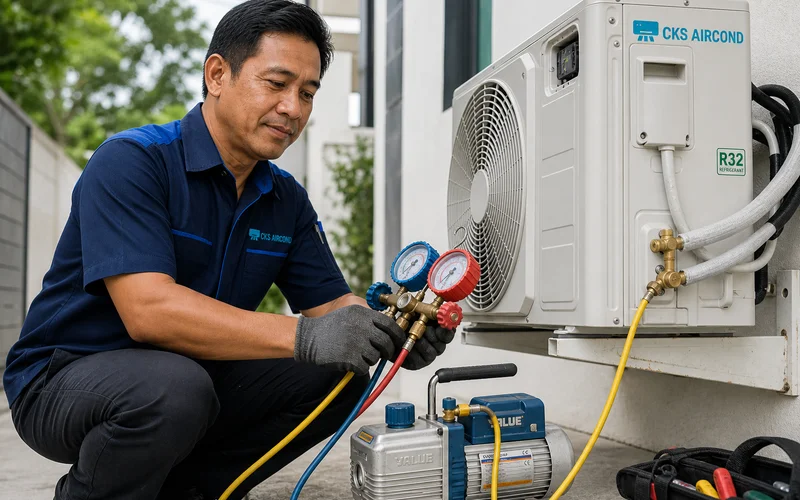 Juruteknik CKS menggunakan vacuum pump dan manifold gauge untuk pengisian gas R32 pada unit luar aircond