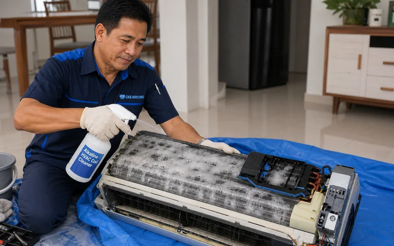Juruteknik CKS menyembur pencuci alkali pada gegelung pemejalwap aircond yang dibongkar penuh
