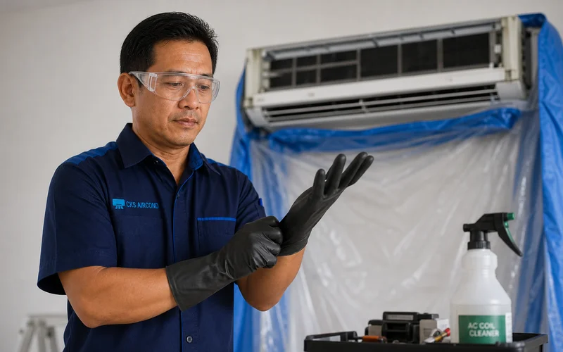Juruteknik memakai PPE semasa chemical wash