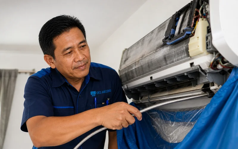 Juruteknik membersihkan paip saliran aircond