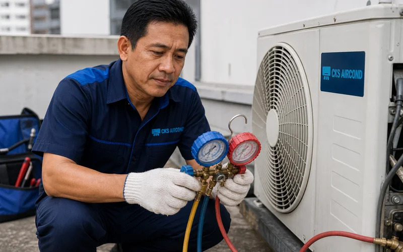 Juruteknik memeriksa tekanan gas dengan manifold gauge