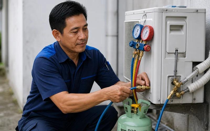 Juruteknik mengisi gas R32 ke unit aircond