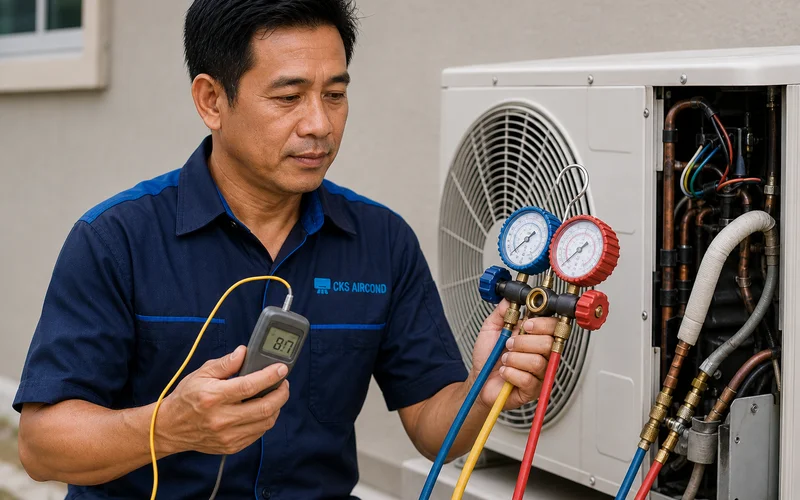 Juruteknik menjalankan pemeriksaan diagnosis aircond