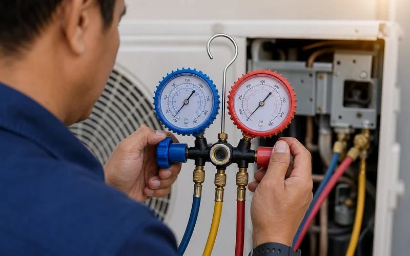 Manifold gauge menunjukkan tekanan yang betul