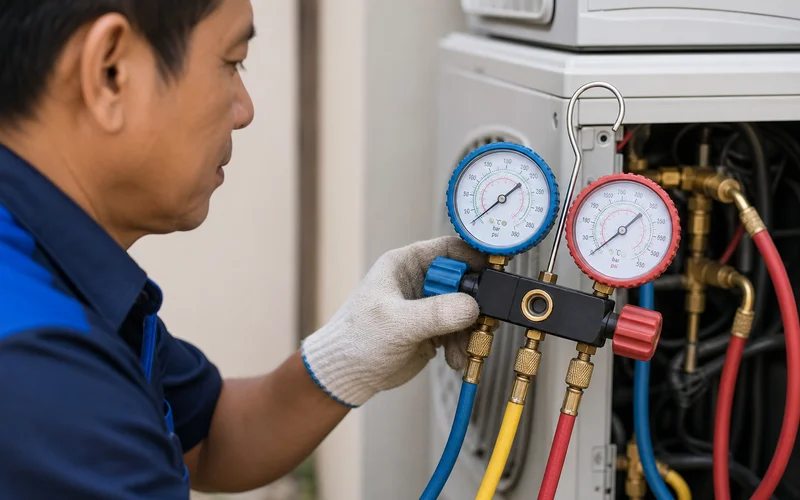 Manifold gauge dengan tekanan yang betul