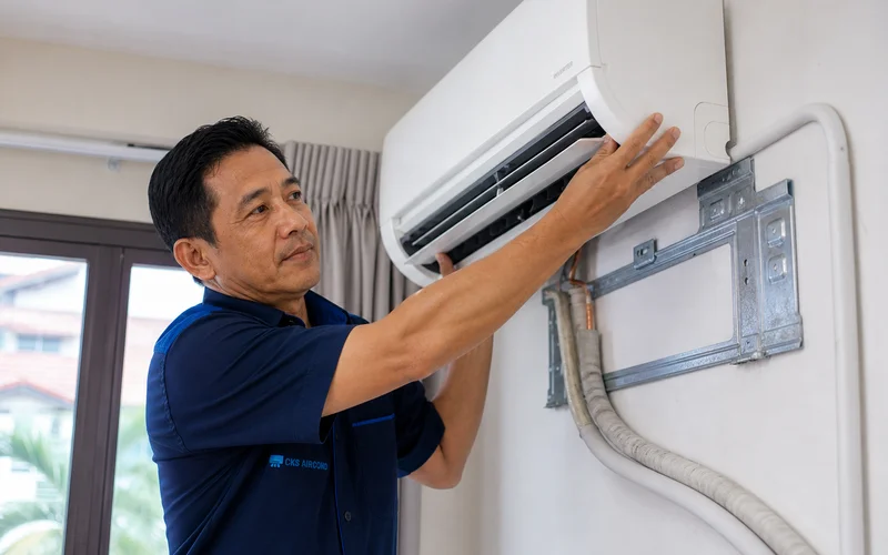 Pemasangan aircond wall mounted Daikin inverter oleh juruteknik CKS dengan bracket galvanized dan paip kuprum SIRIM