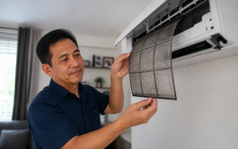 Pemilik rumah memeriksa penapis aircond