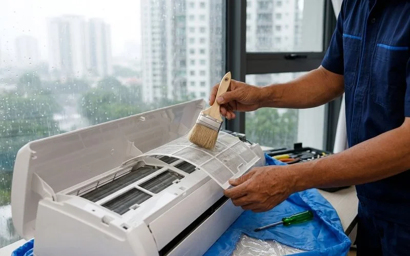 Juruteknik membersihkan penapis aircond di apartmen Lembah Klang ketika hujan turun