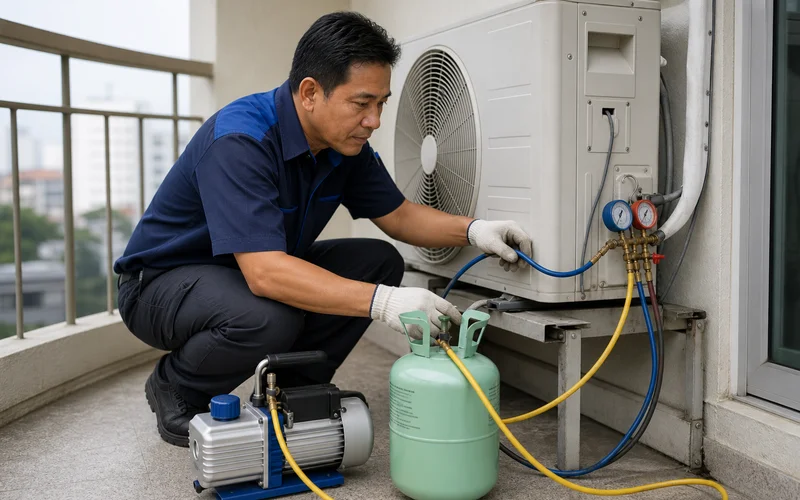 Vacuum pump dan tabung gas R32 di tapak kerja
