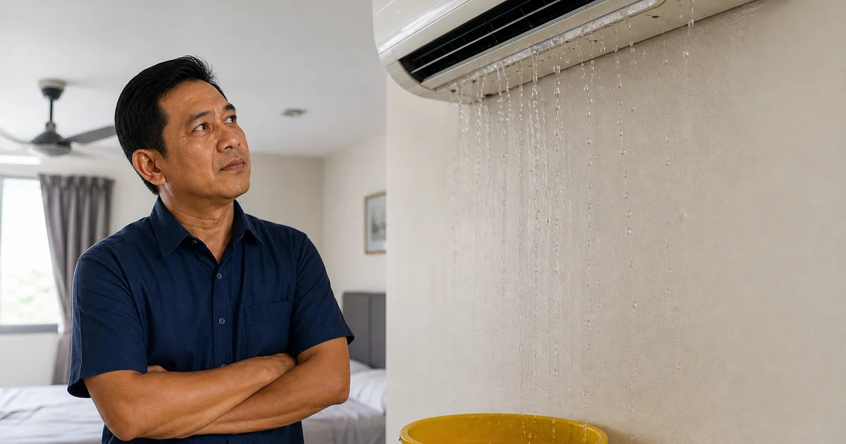 Aircond menitik air ke lantai dengan baldi diletakkan di bawah