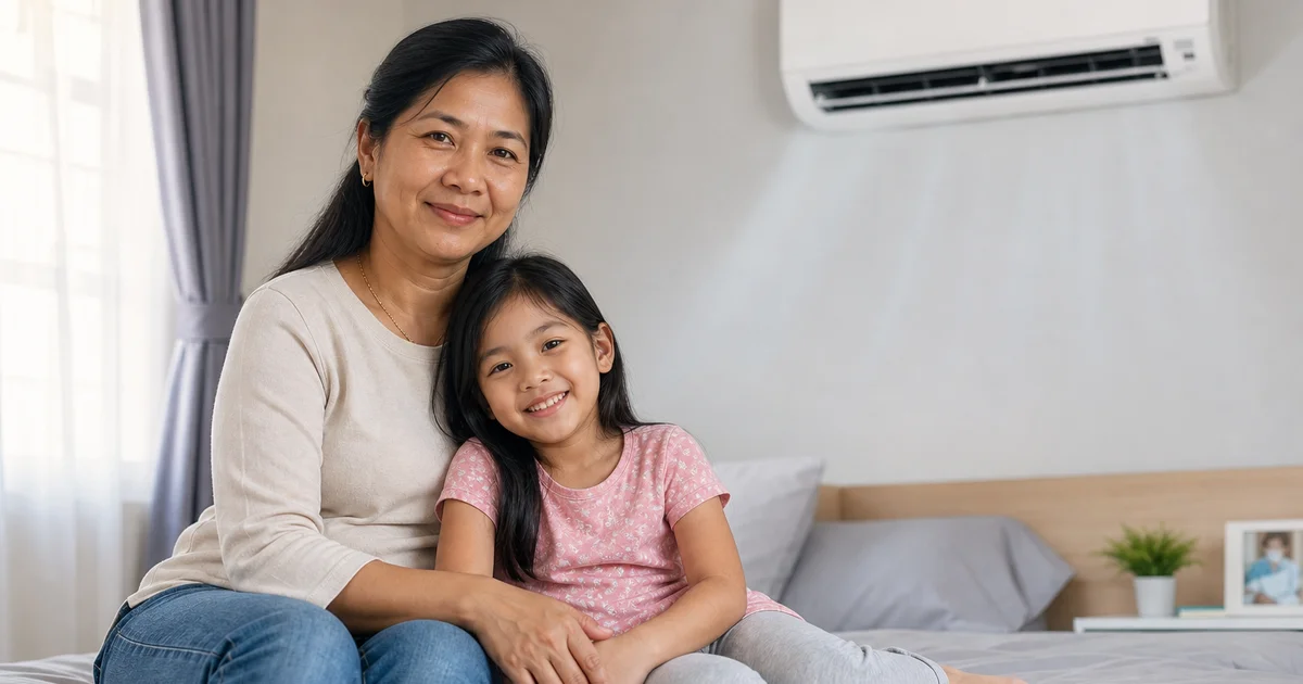 Keluarga selesa di bilik dengan aircond yang baru chemical wash