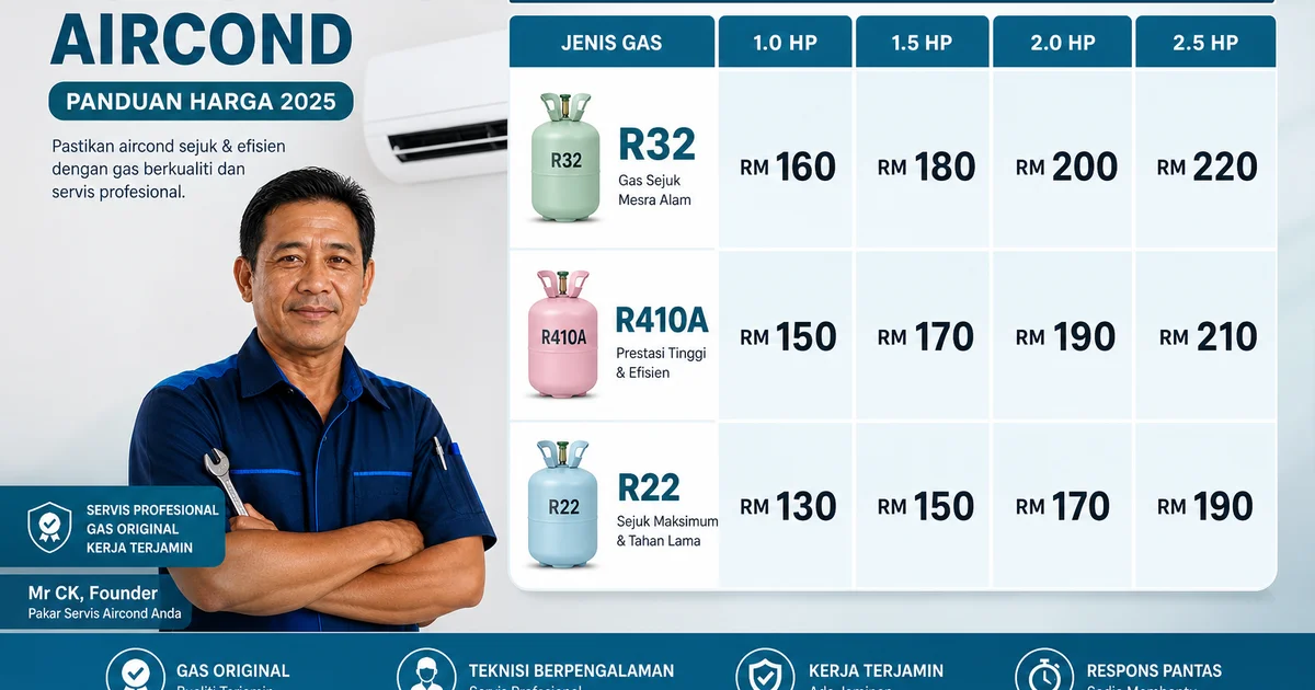 Jadual harga tambah gas aircond mengikut jenis