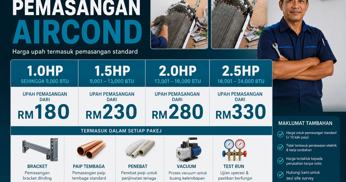 Jadual harga upah pasang aircond mengikut HP