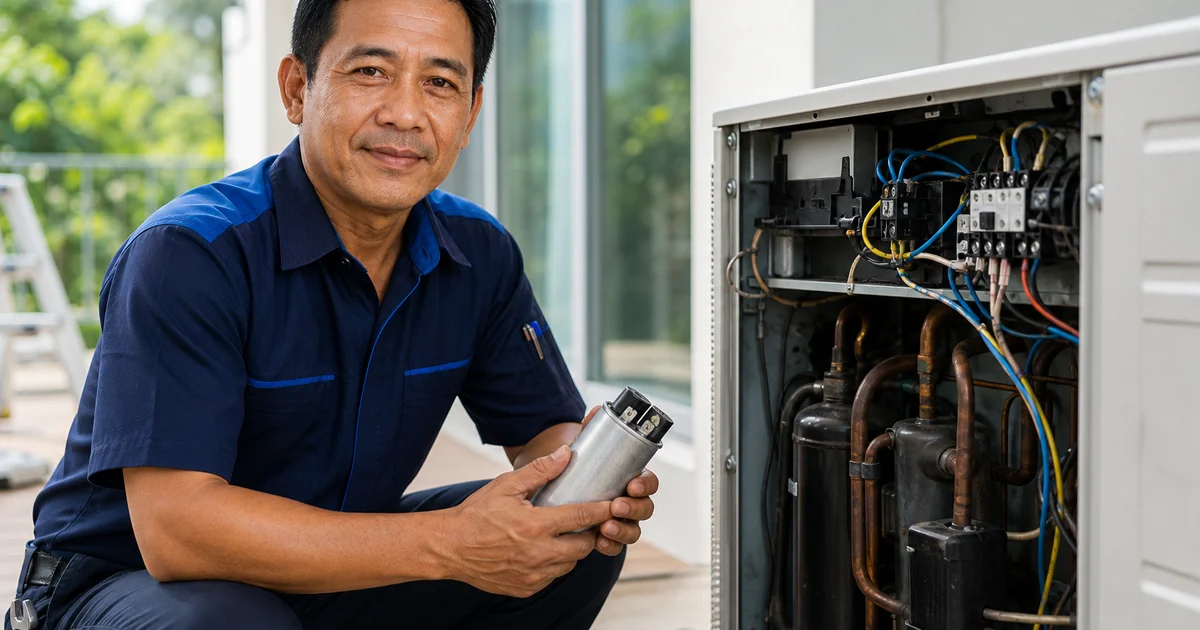 Juruteknik memegang kapasitor pengganti di hadapan unit aircond luar