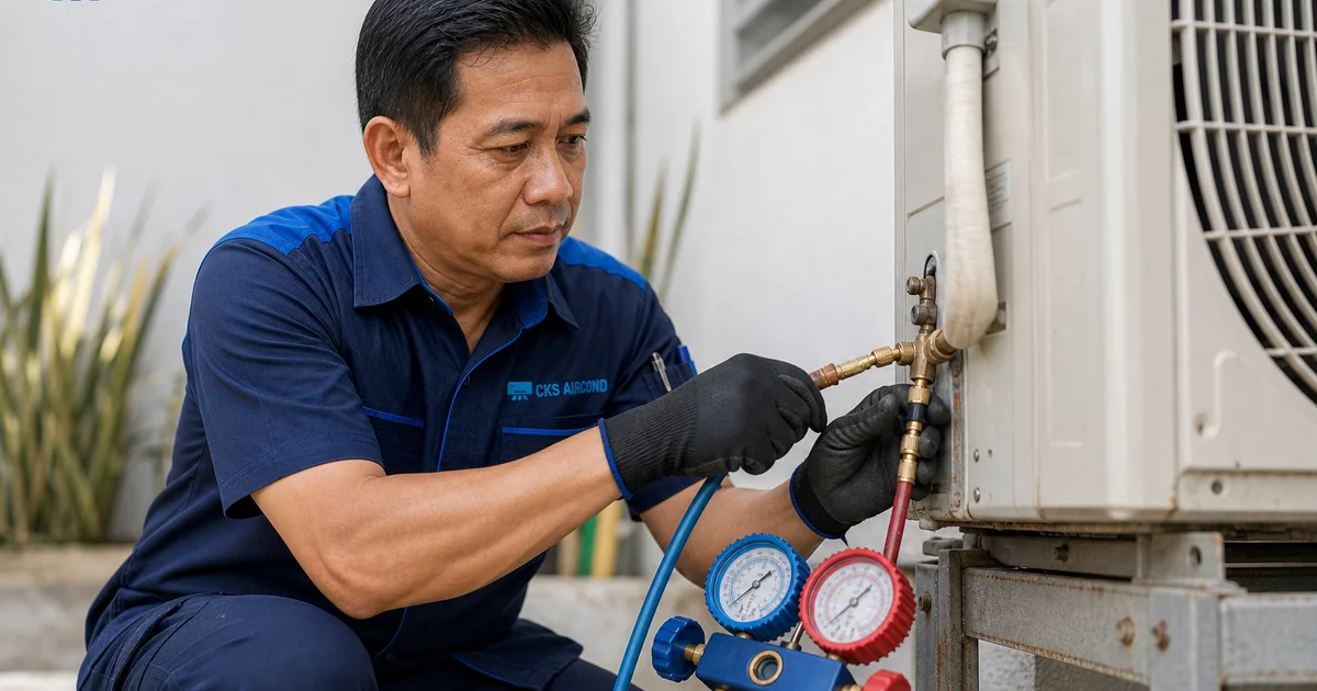 Juruteknik menyambungkan manifold gauge untuk tambah gas