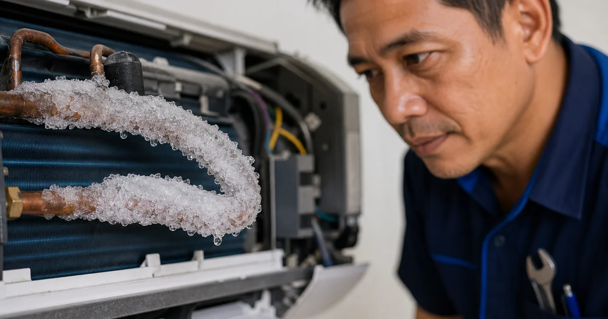 Paip kuprum berlapis ais — tanda gas refrigerant rendah