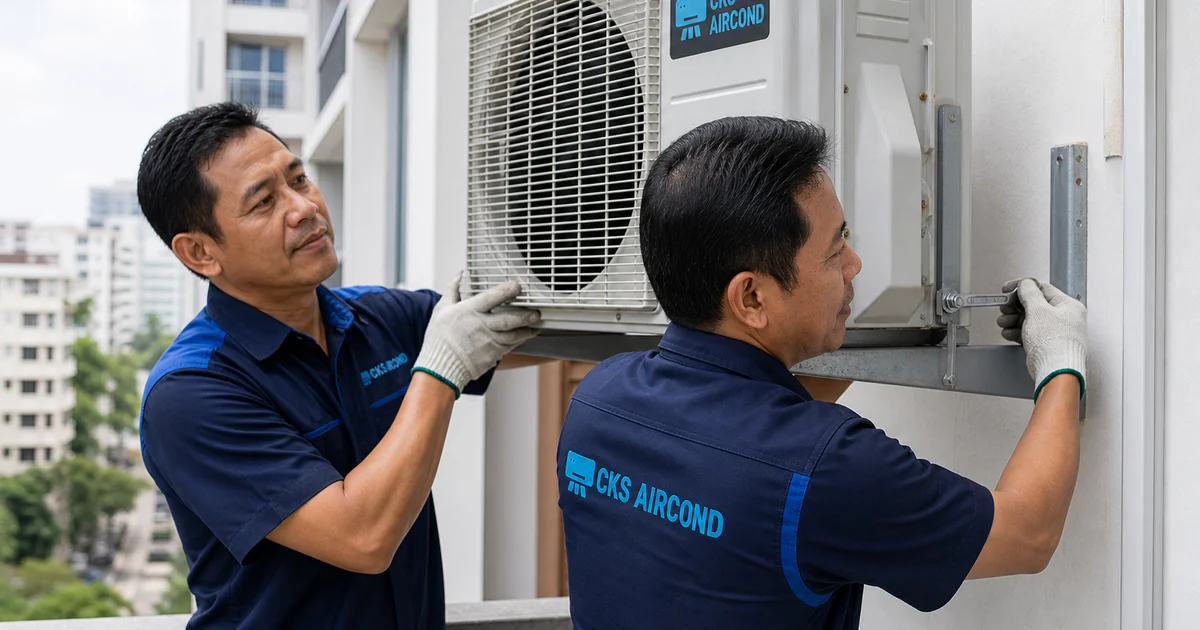 Pasukan juruteknik memasang unit aircond luar