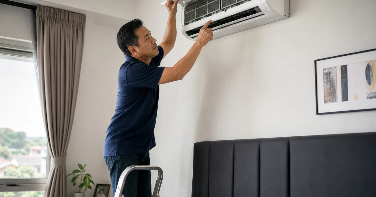 Pemilik rumah memeriksa tanda aircond perlu servis