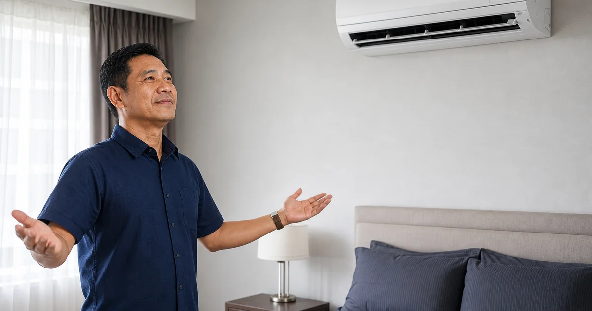 Pemilik rumah memerhatikan aircond baru yang baru dipasang
