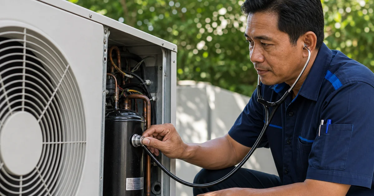 Juruteknik mendengar bunyi kompresor aircond