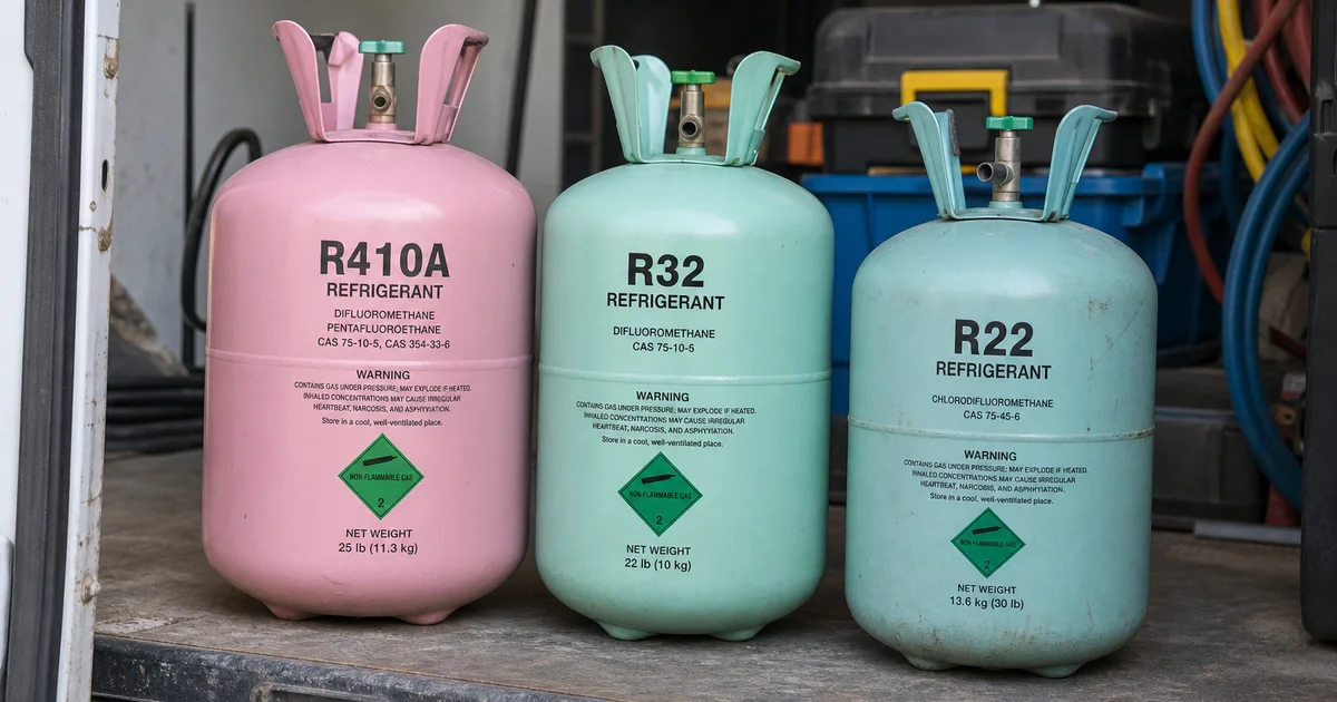 Tiga tabung gas refrigerant R32, R410A, R22